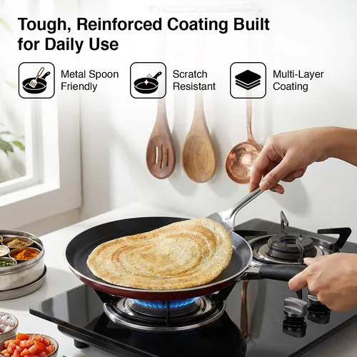 Prestige Omega Deluxe Aluminium Induction Base Non-Stick Omni Tawa, 25 cm (Red) - Detail View